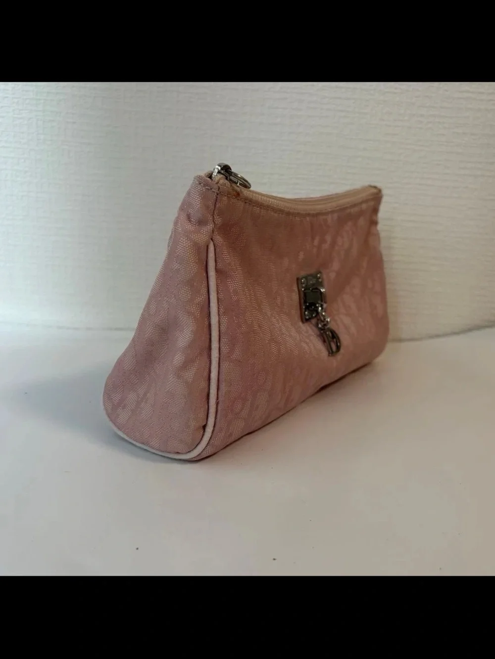 Dior Light Pink Jacquard Cosmetic Pouch with 'D' Charm